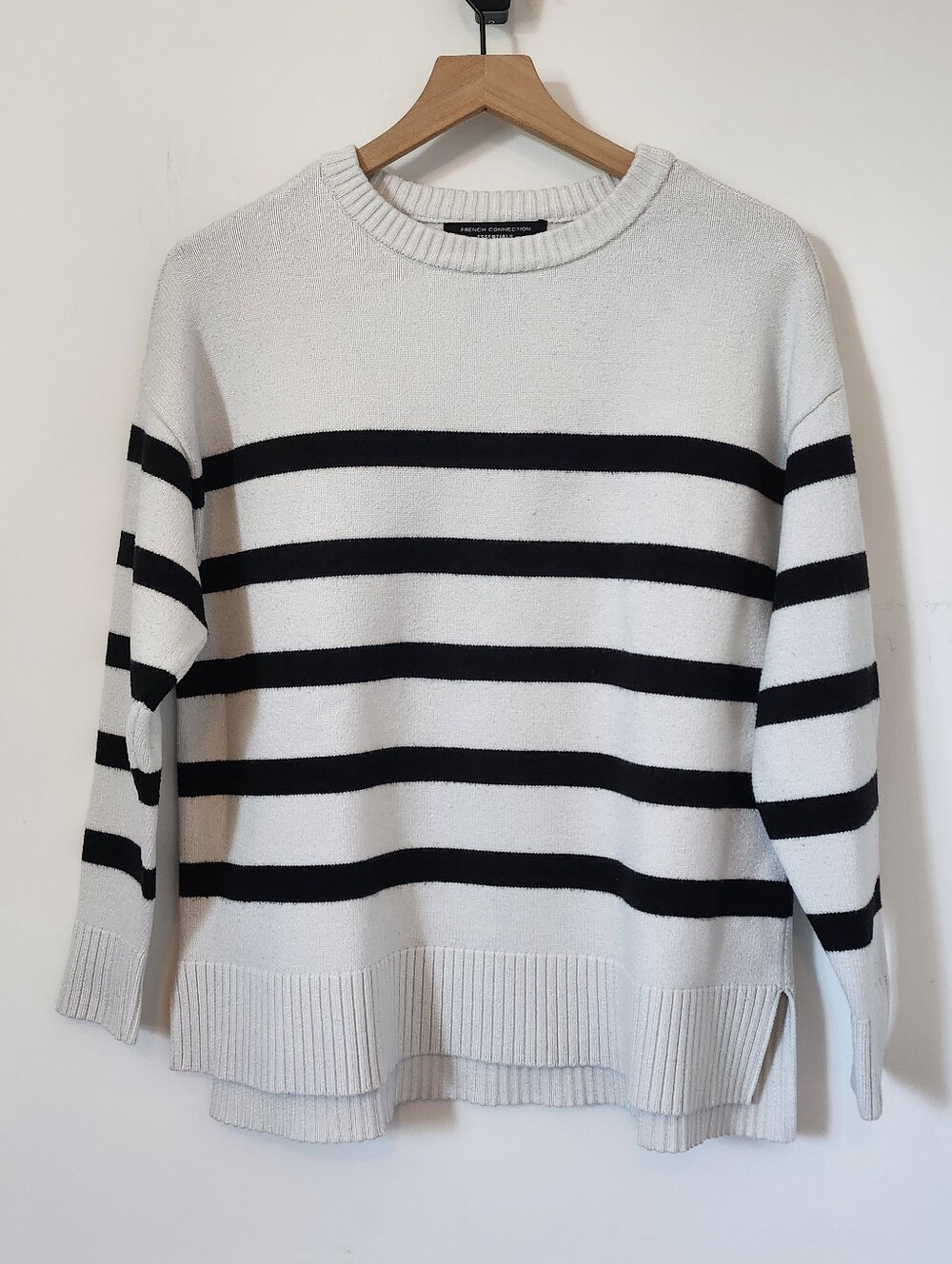 French Connection Cream and Black Striped Crewneck Sweater